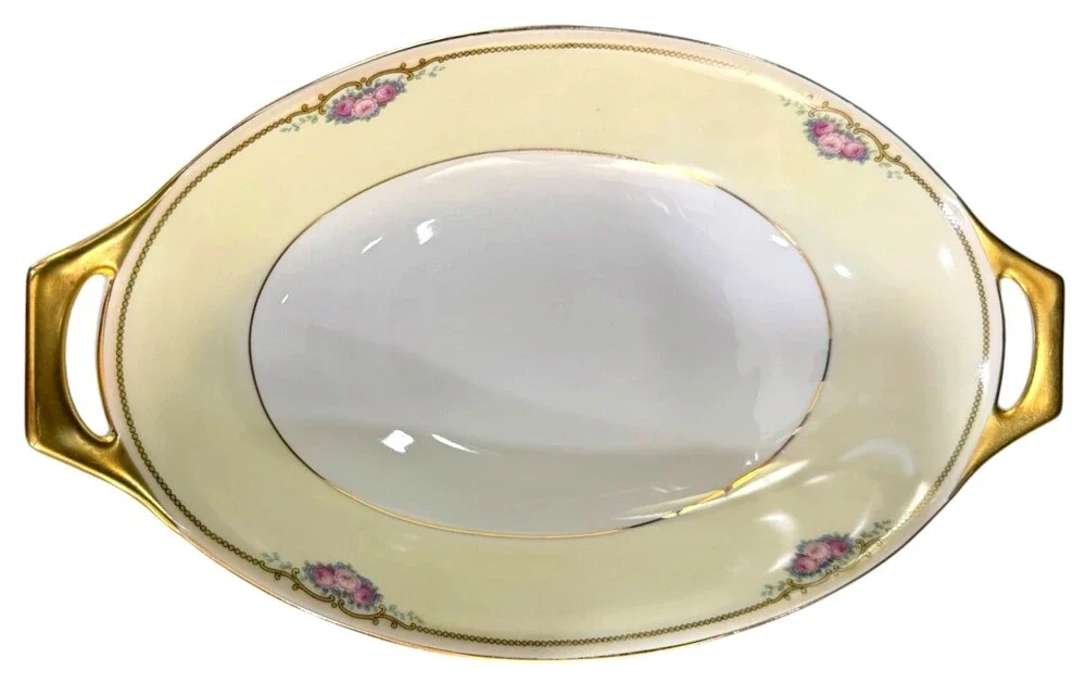 Vintage Thomas Bavaria Lakewood Oval Serving Bowl Pink Roses Gold Handles 11.75